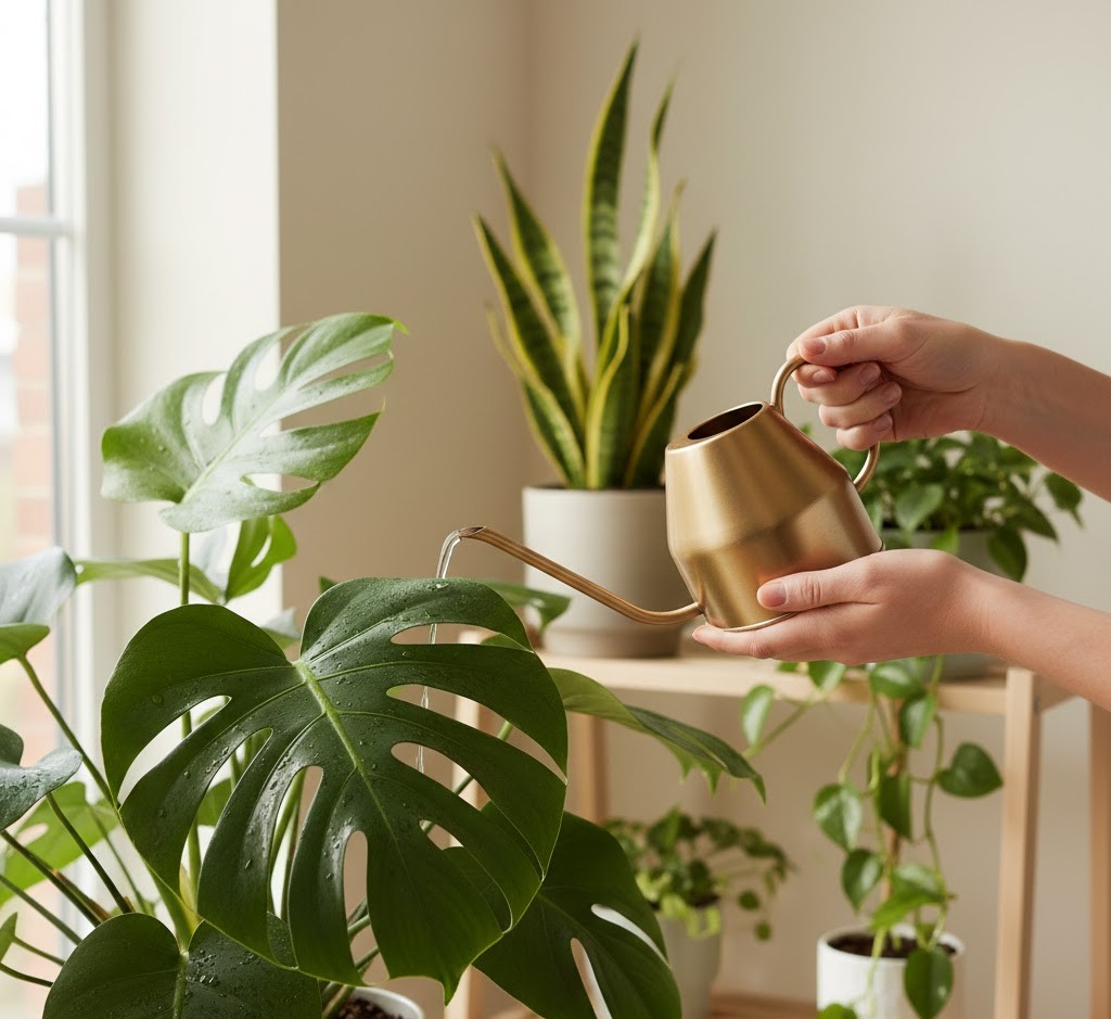 Person caring for indoor plants with watering can