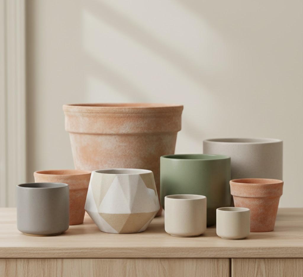 Various plant containers and pots arranged together