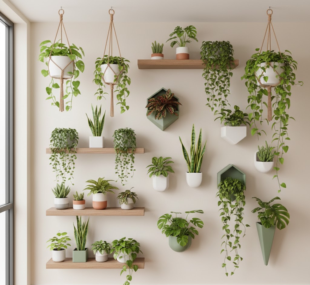 Wall-mounted and hanging plants utilizing vertical space