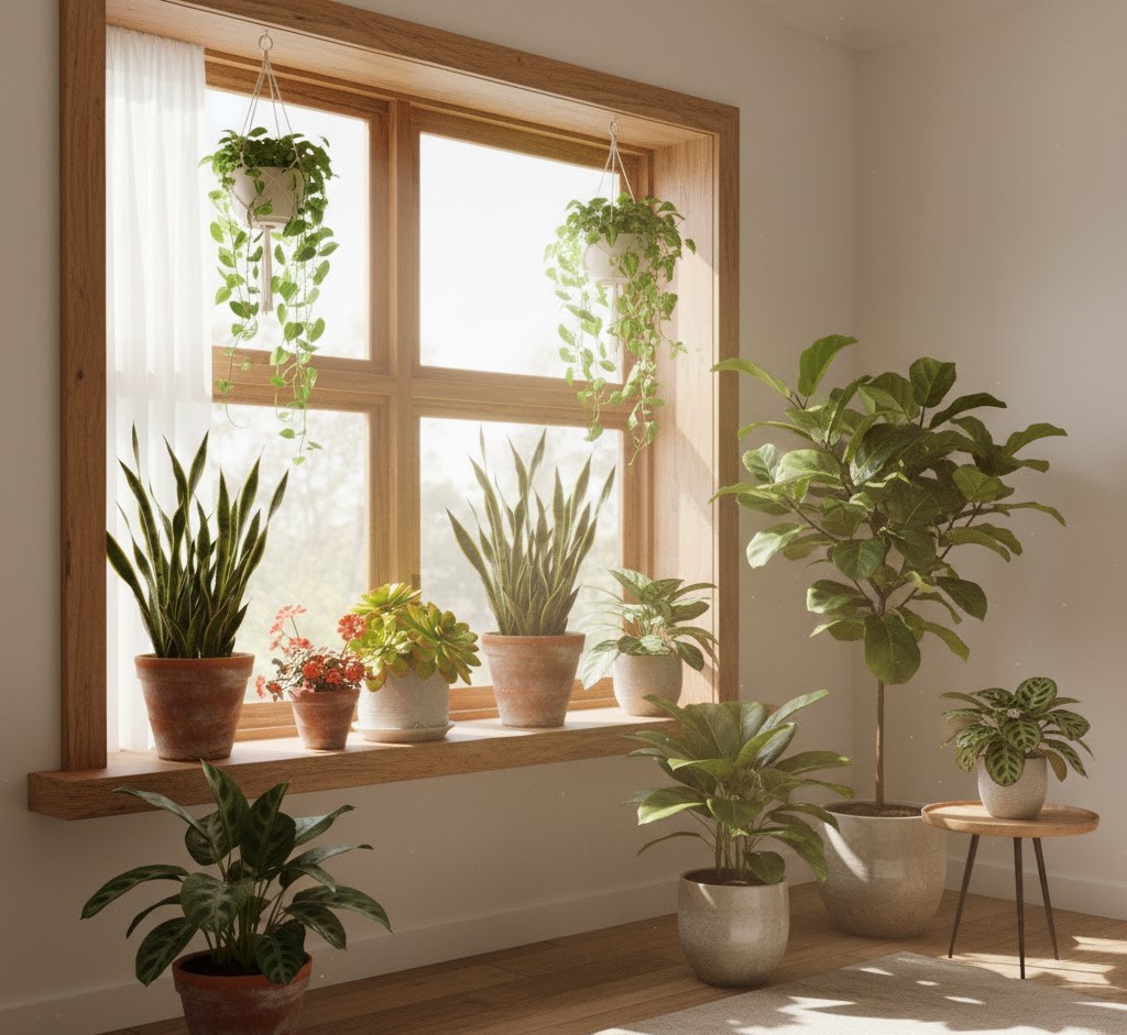 Plants arranged near a bright window